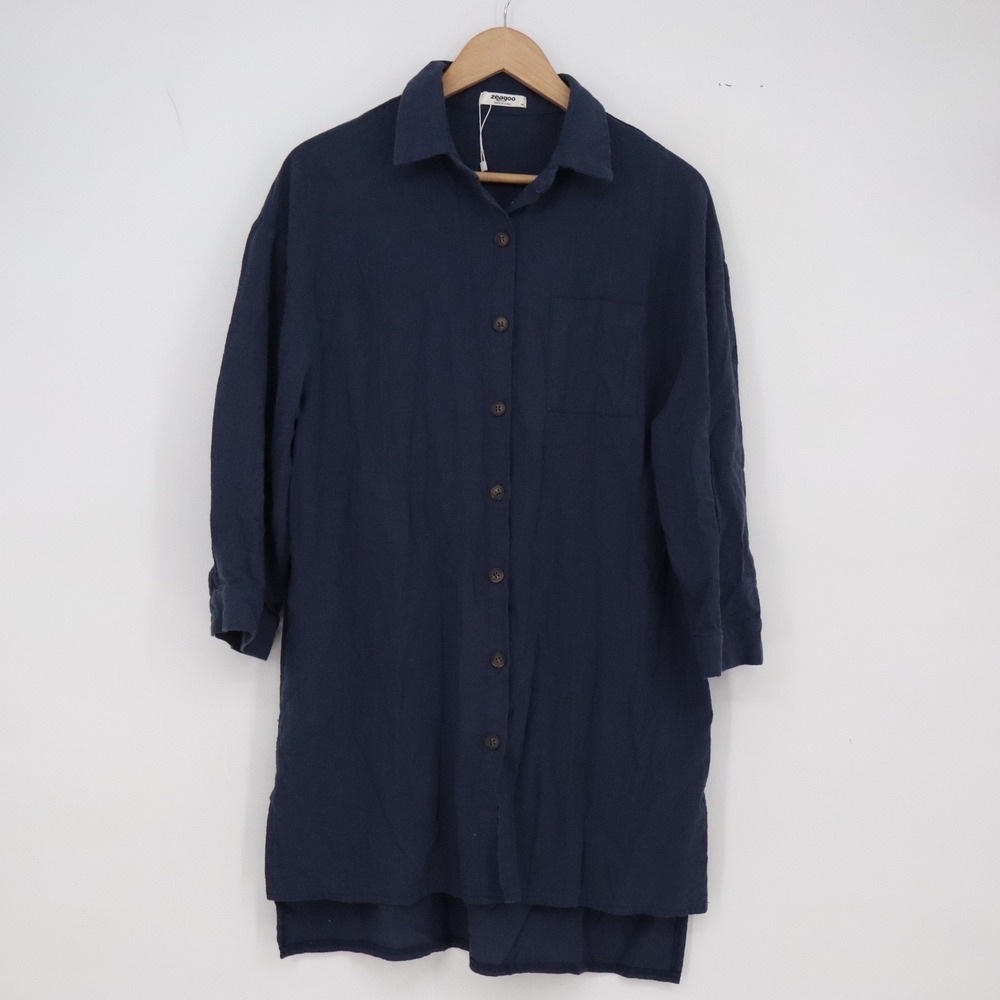 Zeagoo Shirt Dress Womens M Navy Blue Button-Down High-Low Cotton Excellent